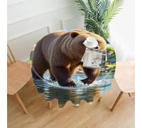 FekiLoot Round Bear Crossing The River Tablecloth Decorative Fabric Table Cover Polyester Table Cloth Waterproof Circle Table Cloth Washable Wipeable Tablecloths for Indoor Outdoor