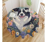 FekiLoot Round Border Collie Florals Tablecloth Washable Decorative Table Cloth Cover Spring Polyester Fabric Tablecloths Stain Resistant for Outdoor Dining Party Wedding Picnic 70x70in