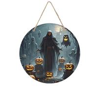 FekiLoot Round Grim Reaper Wall Art Decor Wooden Hanging Painting with Rope Home Vintage Wall Hanging Sign Decoration Wood Plaque for Living Room Bedroom Office 7.9x7.9 In