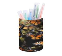 FekiLoot Round Leather Pen Holder - Multipurpose Desk Organizer, Modern Pencil Cup, Heaps of Orange Monarch Butterflies Pencil Holder, Unique Makeup Brush Holders for Office Home Supplies & Gifts