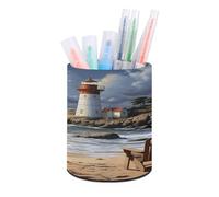 FekiLoot Round Leather Pen Holder - Multipurpose Desk Organizer, Modern Pencil Cup, Sea Lighthouse Sandbeach Pencil Holder, Unique Makeup Brush Holders for Office Home Supplies & Gifts