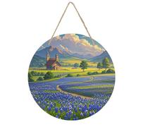 FekiLoot Round Texas Bluebonnets Scenery Wall Art Decor Wooden Hanging Painting with Rope Home Vintage Wall Hanging Sign Decoration Wood Plaque for Living Room Bedroom Office 7.9x7.9 In