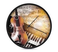 FekiLoot Round Wall Clock for Living Room, Battery Operated Piano Violin Music Notes Wall Clocks for Bedroom, Fashionable Silent Non-Ticking Clock with Arabic Numeral for Kitchen, 9.8inch