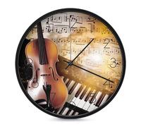 FekiLoot Round Wall Clock for Living Room, Battery Operated Piano Violin Music Notes Wall Clocks for Bedroom, Fashionable Silent Non-Ticking Clock with Arabic Numeral for Kitchen, 9.8inch