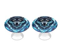 FekiLoot Round Wolf Head in Blue Flames Cabinet Knobs and Pull 30mm Stainless Steel Drawer Hardware with Installation Screws Door Handle 2 Pack for Kitchen Furniture Dresser Cupboard