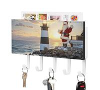 FekiLoot Santa Claus Lighthouse Key Holder Wall Mount PU Leather Adhesive Key Rack with 5 Hooks Decorative Keys Storage Holder Mail Organizer Decor for Entryway Hallway Office Kitchen White