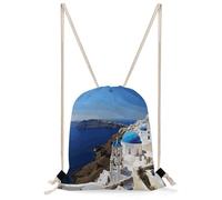 FekiLoot Santorini Greek Island Sea View Drawstring Backpack Sports Gym Bag Drawstring Bags Foldable Backpack for Women Men