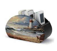 FekiLoot Sea Lighthouse Sandbeach Remote Control Holder with 5 Compartments - PU Leather Remote Caddy Desktop Organizer, Personalized TV Media Remote Storage Box for Home Coffee Desk Accessories