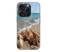FekiLoot Seashells Starfish on Beach for iPhone 15 Case Tempered Glass TPU Back Panel Shockproof with Anti-Fingerprint Phone Cover Black