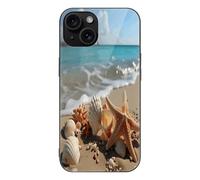 FekiLoot Seashells Starfish on Beach for iPhone 15 Case Tempered Glass TPU Back Panel Shockproof with Anti-Fingerprint Phone Cover Black