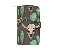 FekiLoot Skull of Bull And Cute Cactus Wallet Large Capacity Travel Double Fold Wallets Portable Zipper Leather Purse for Women Men
