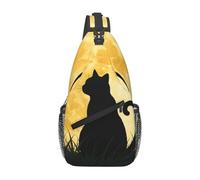 FekiLoot Sling Bag For Women Men,Full Moon Cat Sit In Grass Field Crossbody Shoulder Bag Sling Backpack Chest Bag Travel Hiking Casual Sport Daypack