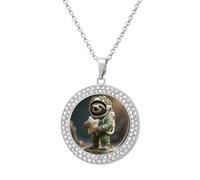 FekiLoot Sloth Astronaut Model Pendant Necklace for Women Men Elegant Diamond Circle Necklaces with 19.7 Inch Chain, Zinc Diamond Jewelry for Birthday Christmas Valentine's Day Gift, One Size, Zinc