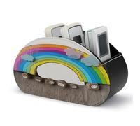 FekiLoot Small Rainbow Remote Control Holder with 5 Compartments - PU Leather Remote Caddy Desktop Organizer, Personalized TV Media Remote Storage Box for Home Coffee Desk Accessories