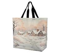 FekiLoot Snow And House Tote Bag for Women Reusable Grocery Bags Cute Personalized Shoulder Shopping Bag Lightweight Cute Beach Bag for Work Travel Grocery
