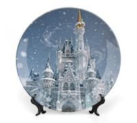 FekiLoot Snow Castle Decorative Plates Bone China Plates with Stand for Display 10inch Round Ceramic Dinner Plates Dessert Plate for Kitchen Party Coffee Table Decor Art