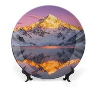 FekiLoot Snow Mountain Lake View Decorative Plates Bone China Plates with Stand for Display 8inch Round Ceramic Dinner Plates Dessert Plate for Kitchen Party Coffee Table Decor Art