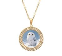 FekiLoot Snowy Owl on Snowfield Pendant Necklace for Women Men Elegant Diamond Circle Necklaces with 19.7 Inch Chain, Zinc Diamond Jewelry for Birthday Christmas Valentine's Day Gift, One Size, Zinc