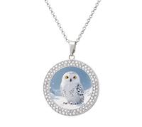 FekiLoot Snowy Owl on Snowfield Pendant Necklace for Women Men Elegant Diamond Circle Necklaces with 19.7 Inch Chain, Zinc Diamond Jewelry for Birthday Christmas Valentine's Day Gift, One Size, Zinc