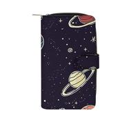 FekiLoot Space Planet Pattern Leather Long Wallet 12 Card Slot Travel Long Purse Clutch Wallet with Zip Credit Card Holder