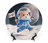 FekiLoot Space - Suit Hamster Decorative Plates Bone China Plates with Stand for Display 7inch Round Ceramic Dinner Plates Dessert Plate for Kitchen Party Coffee Table Decor Art