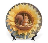 FekiLoot Squirrel in Sunflower Decorative Plates Bone China Plates with Stand for Display 8inch Round Ceramic Dinner Plates Dessert Plate for Kitchen Party Coffee Table Decor Art
