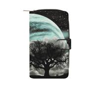 FekiLoot Starry Night Black Tree Art Wallet Large Capacity Travel Double Fold Wallets Portable Zipper Leather Purse for Women Men