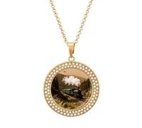 FekiLoot Steam Car in The Woods Pendant Necklace for Women Men Elegant Diamond Circle Necklaces with 19.7 Inch Chain, Zinc Diamond Jewelry for Birthday Christmas Valentine's Day Gift, One Size, Zinc