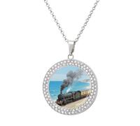 FekiLoot Steam Train by The Sea Pendant Necklace for Women Men Elegant Diamond Circle Necklaces with 19.7 Inch Chain, Zinc Diamond Jewelry for Birthday Christmas Valentine's Day Gift, One Size, Zinc