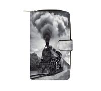 FekiLoot Steam Train Clouds Wallet Large Capacity Travel Double Fold Wallets Portable Zipper Leather Purse for Women Men