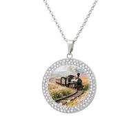 FekiLoot Steam Train Pendant Necklace for Women Men Elegant Diamond Circle Necklaces with 19.7 Inch Chain, Zinc Diamond Jewelry for Birthday Christmas Valentine's Day Gift, One Size, Zinc, Diamond