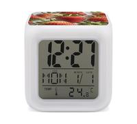 FekiLoot Strawberry Pattern Small Digital Alarm Clock with Date Temperature Large LED Display Number with 7 Colors Changing Desk Clock for Bedroom Bedside Nightstand