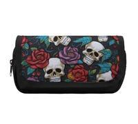 FekiLoot Sugar Skull Flowers Pencil Case Portable Zipper Large Capacity Pencil Bag Handheld Multi Function Portable Pencil Pouch Organizer for Family Office Supplies