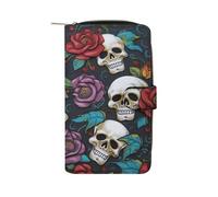 FekiLoot Sugar Skull Flowers Wallet Large Capacity Travel Double Fold Wallets Portable Zipper Leather Purse for Women Men