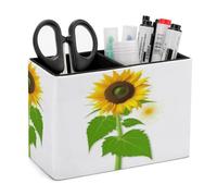 FekiLoot Sunflower And Weed Pen Holder Double Compartments PU Leather Pencil Storage Box Square Desk Stationery Organizers Remote Control Accessories Container for Home Office