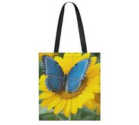 FekiLoot Sunflower Blue Butterfly Tote Bag Lightweight Elegant Carry Bag Stylish Soft Roomy Handbag Full-Color All-Over Print Reusable Shoulder Bag Chic Daily Shopping Bag For Daily Travel Beach Work