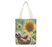 FekiLoot Sunflower Sloth Canvas Tote Bag Lightweight Medium Reusable Grocery Shopping Cloth Bag Multi-Purpose Tote Bags with Zipper Inner Pocket Large Capacity Shopping Bags