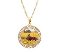 FekiLoot Sunflower Tractor Farm Pendant Necklace for Women Men Elegant Diamond Circle Necklaces with 19.7 Inch Chain, Zinc Diamond Jewelry for Birthday Christmas Valentine's Day Gift, One Size, Zinc