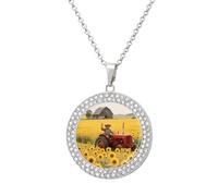 FekiLoot Sunflower Tractor Farm Pendant Necklace for Women Men Elegant Diamond Circle Necklaces with 19.7 Inch Chain, Zinc Diamond Jewelry for Birthday Christmas Valentine's Day Gift, One Size, Zinc