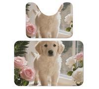FekiLoot Sunny Windowsill Dog Bath Rug Mat 2 Piece Set 15.7"x23.6" Super Absorbent Bathroom Rugs with U Shaped Contour Bathroom Mat Washable Bath Mats, Non-Slip Backing for Toilet Rug