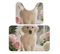 FekiLoot Sunny Windowsill Dog Bath Rug Mat 2 Piece Set 19.7"x31.5" Super Absorbent Bathroom Rugs with U Shaped Contour Bathroom Mat Washable Bath Mats, Non-Slip Backing for Toilet Rug