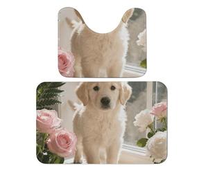FekiLoot Sunny Windowsill Dog Bath Rug Mat 2 Piece Set 19.7"x31.5" Super Absorbent Bathroom Rugs with U Shaped Contour Bathroom Mat Washable Bath Mats, Non-Slip Backing for Toilet Rug
