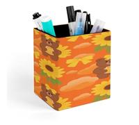 FekiLoot Sunset Bear Sunflower Pen Holder for Desk, Square Leather Pencil Organizer & Makeup Brush Holder, Office Decor And Desk Accessories Perfect Office Organization,Teacher Supplies