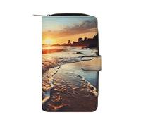 FekiLoot Sunset View on The Beach Shore Wallet Large Capacity Travel Double Fold Wallets Portable Zipper Leather Purse for Women Men