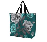 FekiLoot Teal Grey Rose Shopping Bag Foldable, Multipurpose Shoulder Bag, Reusable Grocery Bag Holder with Long Shoulder Strap, Waterproof Tote Bags for Work, Beach, Travel