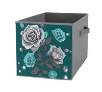 FekiLoot Teal Grey Rose Storage Cubes Organizer for Home, Foldable Storage Bins with Handles, 10.6 Inch Storage Bags 1PCS for Clothes, Large Organizer Bins for Organizing Bed Sheets