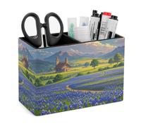 FekiLoot Texas Bluebonnets Scenery PU Leather Pen Holder with 2 Compartments Rectangle Desk Storage Organizer Desktop Stationery Container Pencil Cup for Office School Home Accessories