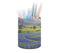 FekiLoot Texas Bluebonnets Scenery Round Pen Holder Non Slip Pencil Organizer PU Leather Makeup Brush Storage Organizer Personalized Pen Cup Caddy for Desk Office Classroom Home