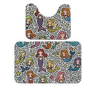 FekiLoot The Little Mermaids Doodle Bath Rug Mat 2 Piece Set 19.7"x31.5" Super Absorbent Bathroom Rugs with U Shaped Contour Bathroom Mat Washable Bath Mats, Non-Slip Backing for Toilet Rug