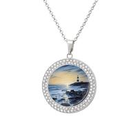FekiLoot The Seaside Lighthouse Necklace Charm Round Coin Pendant Necklace Elegant Circle Chain Pendant Fashion Disc Jewelry Necklace Circle Diamond Necklace for Women Men